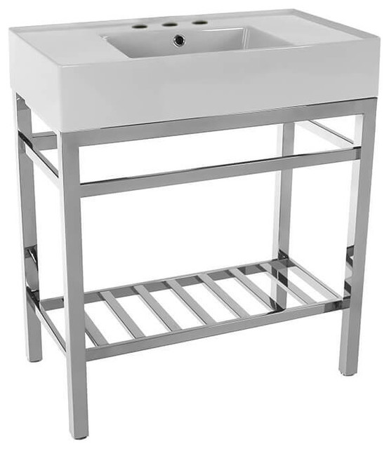 Modern Ceramic Console Sink With Counter Space and Chrome Base
