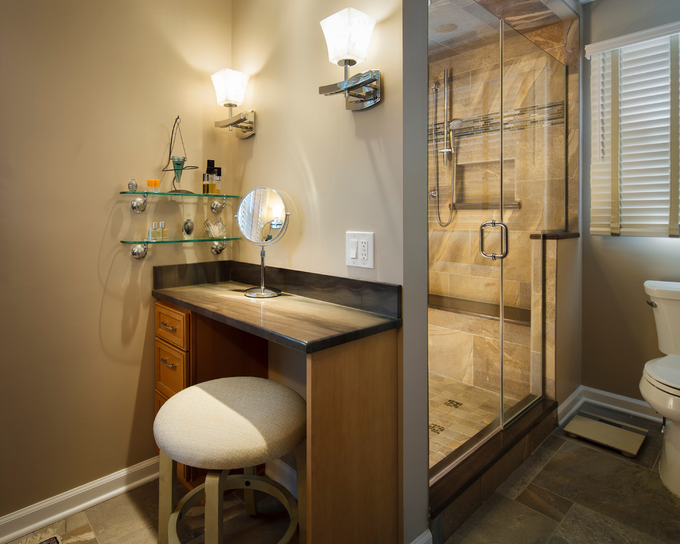 Mid-sized modern 3/4 bathroom in Philadelphia with a drop-in sink, recessed-panel cabinets, light wood cabinets, granite benchtops, an alcove shower, a two-piece toilet, beige tile, porcelain tile, beige walls and porcelain floors.