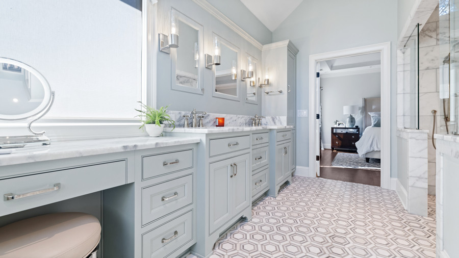 painted vanities, hexagon marble tile floor, built in medicine cabinets, polished nickel frameless glass shower curbless shower sea salt spa like