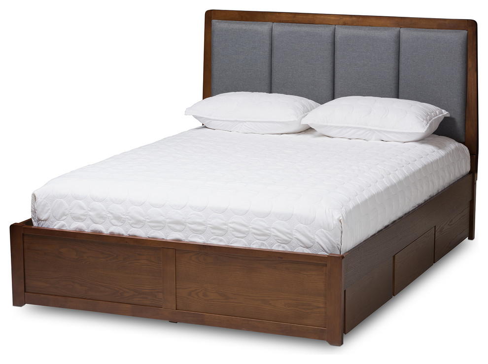 Brannigan Dark Gray Fabric Upholstered Walnut Storage Platform Bed, King
