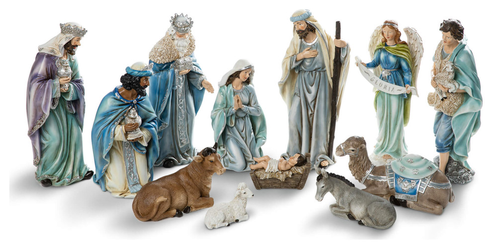 12Piece Oversized Deluxe Blue Resin Nativity Figurine Set Rustic