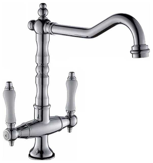 Porcelain Double Handles Single Hole Brass Kitchen Faucet, Polished