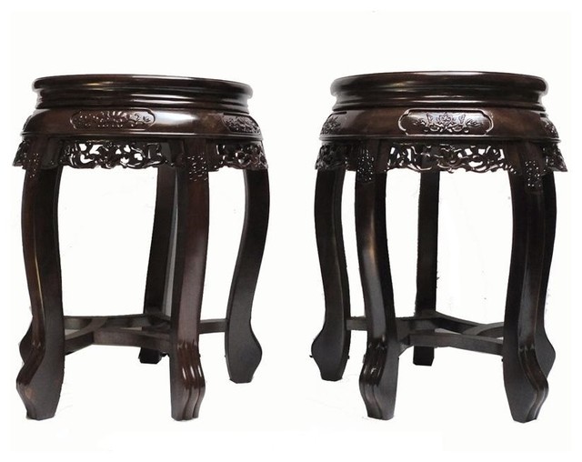 Chinese Rosewood Huali Round Carving Stool 2 Piece Set Asian Chinese Rosewood Huali Round Carving Stool 2 Piece Set