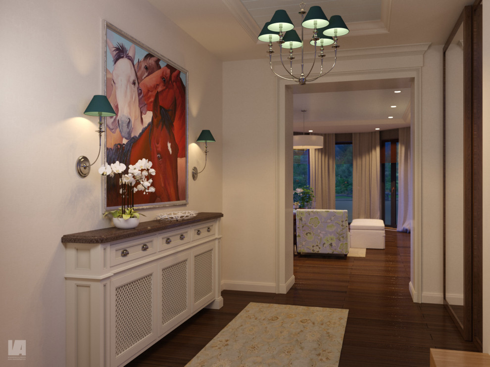 Photo of a traditional entryway in Houston with beige walls, dark hardwood floors, brown floor and timber.