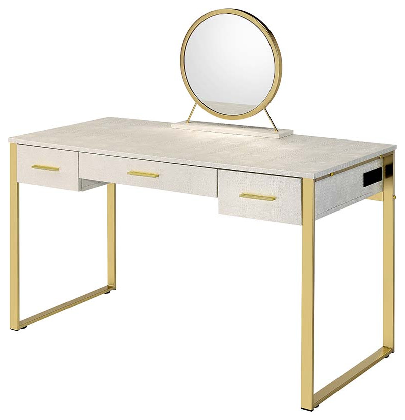 Acme Myles Vanity Set With USB Port Antique White and Champagne Finish