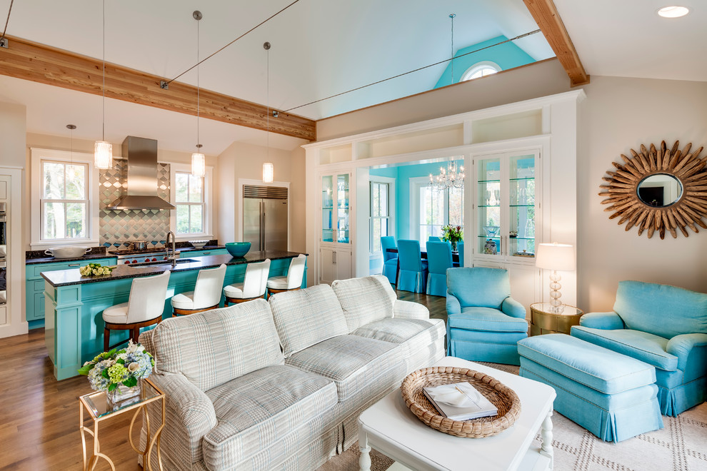 Living room - mid-sized contemporary formal and open concept dark wood floor living room idea in Portland Maine with beige walls, no fireplace and a wall-mounted tv