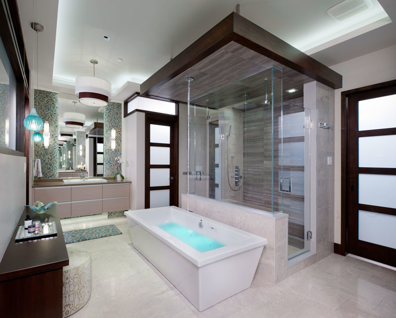 Design ideas for a large contemporary master bathroom in Other with flat-panel cabinets, light wood cabinets, a freestanding tub, an alcove shower, multi-coloured tile, white walls, mosaic tile, ceramic floors, an undermount sink, beige floor and a hinged shower door.