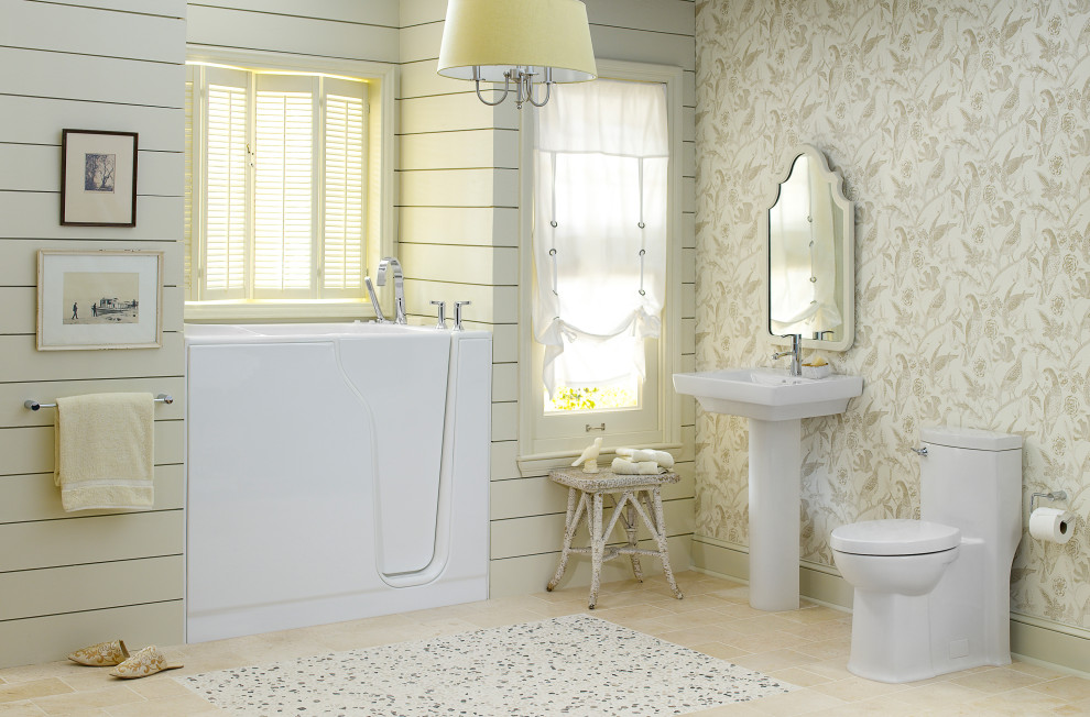 Design ideas for a mid-sized traditional master bathroom in Louisville with a one-piece toilet, beige walls, ceramic floors, a pedestal sink, beige floor, a single vanity, a freestanding vanity and planked wall panelling.