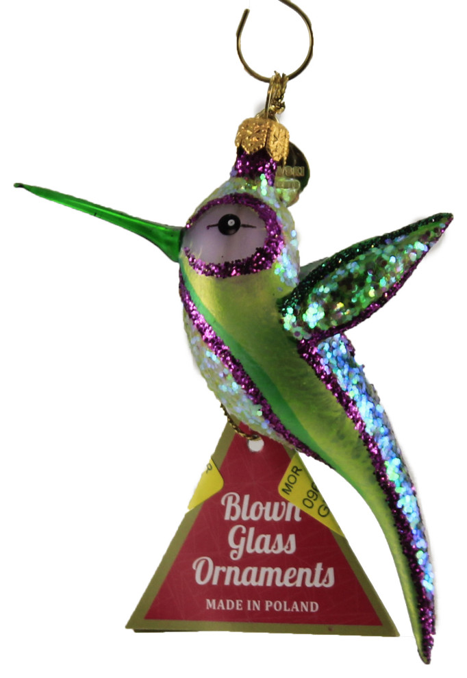 Morawski Green and Purple Hummingbird Glass Ornament Bird Feather Gem