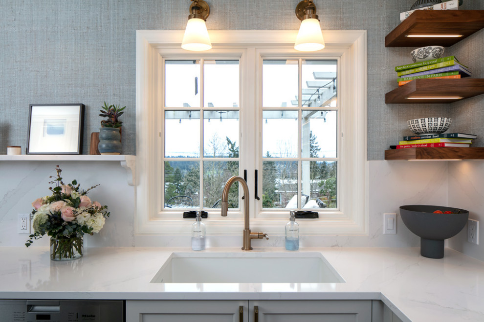 Inspiration for a small traditional l-shaped enclosed kitchen in Seattle with a submerged sink, open cabinets, white cabinets, engineered stone countertops, white splashback, engineered quartz splashback, stainless steel appliances, dark hardwood flooring, no island and white worktops.