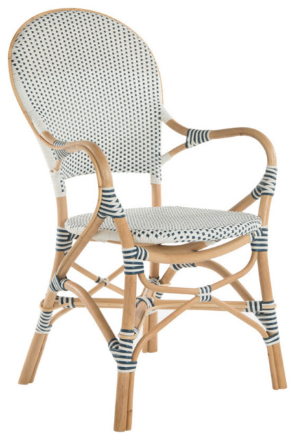 Rattan Bistro Dining Chair, White and Blue, Set of 2 Chairs - Tropical
