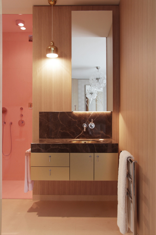 This is an example of a medium sized retro bathroom in Milan with an alcove shower, marble tiles, marble flooring, a submerged sink, marble worktops, beige floors, a hinged door, brown worktops, a single sink, a floating vanity unit and wainscoting.