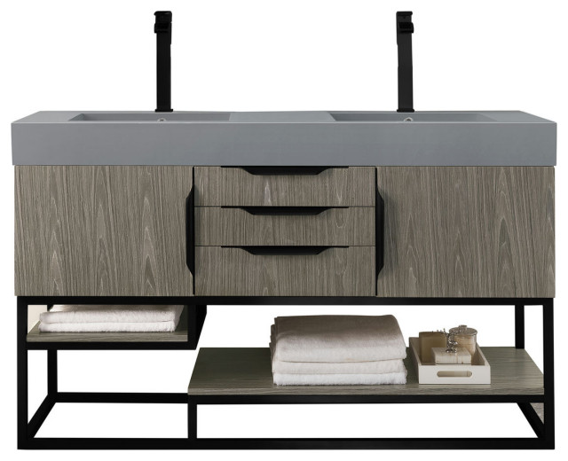 Columbia 59" Double Vanity Ash Gray Matte Black, Dusk Gray Glossy Composite Top Transitional