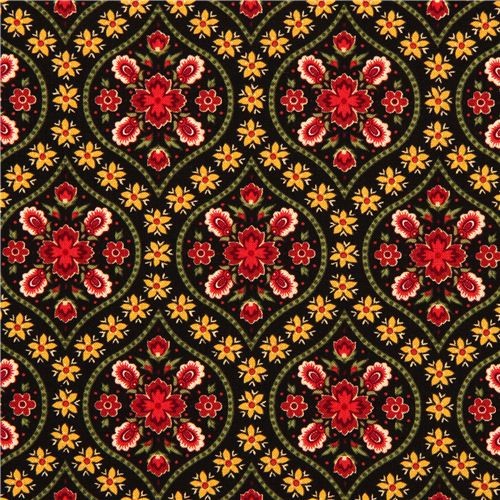 black designer fabric with red gold flower ornaments