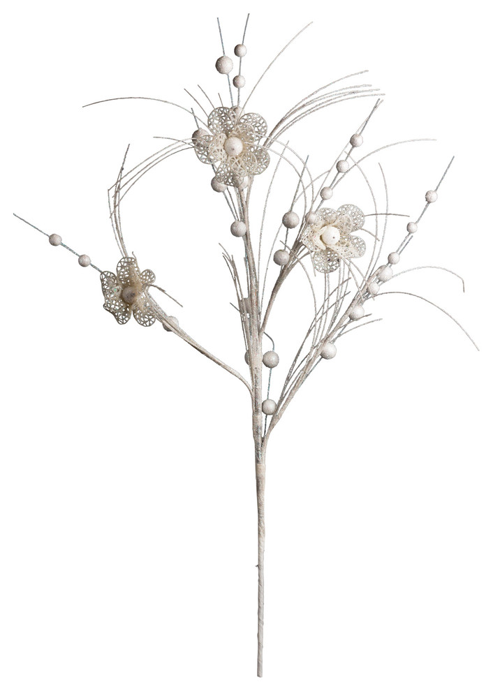 37" White Glitter Flower Spray Contemporary Artificial Flower