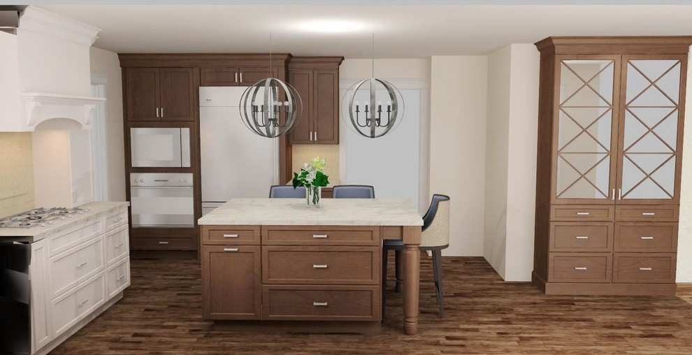 Eat-in kitchen - mid-sized transitional u-shaped dark wood floor and brown floor eat-in kitchen idea in Minneapolis with an undermount sink, recessed-panel cabinets, white cabinets, quartz countertops, beige backsplash, travertine backsplash, stainless steel appliances and an island