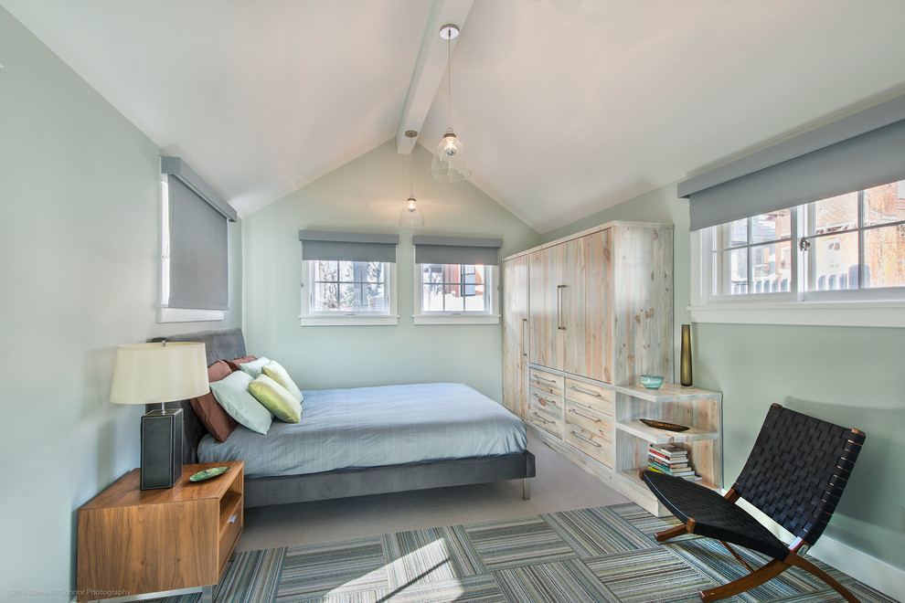 Design ideas for a transitional bedroom in Denver with blue walls.