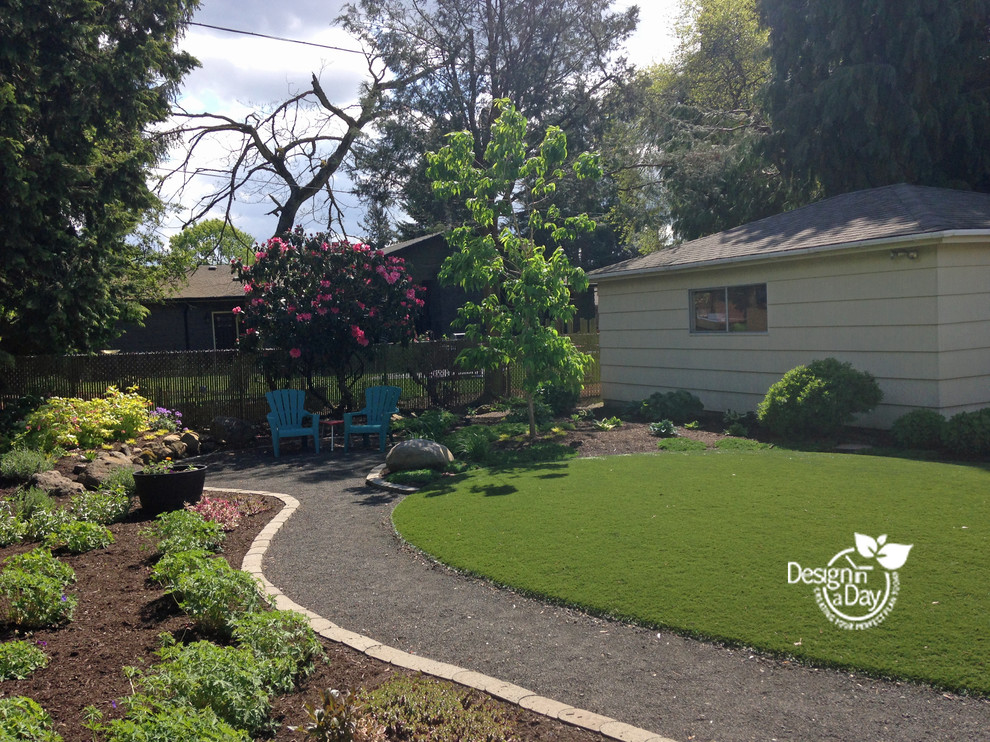 This is an example of a mid-sized midcentury backyard partial sun garden for summer in Portland with gravel.