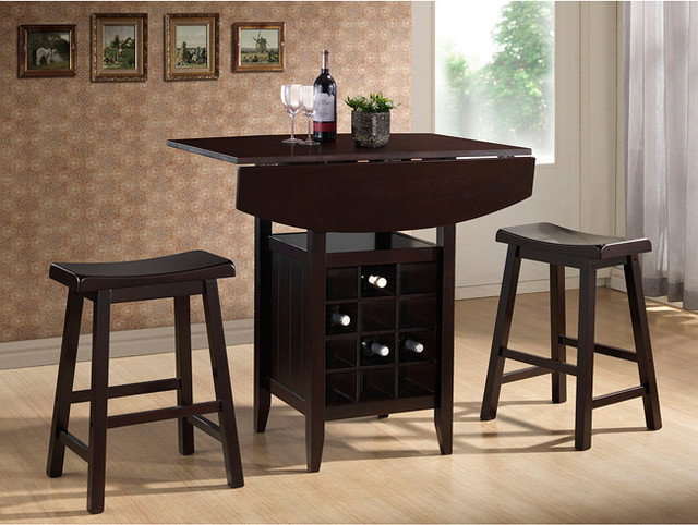 Reynolds Dark Brown Wood 3-Piece Modern Drop-Leaf Pub Set with Wine Rack