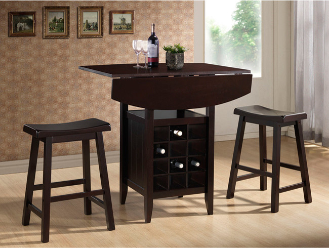 Reynolds Dark Brown Wood 3-Piece Modern Drop-Leaf Pub Set with Wine Rack