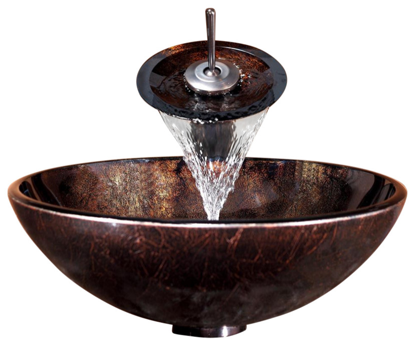 Glass Vessel Sink, Bathroom Waterfall Faucet, Drain, Mount Ring, Oil Rub Bronze