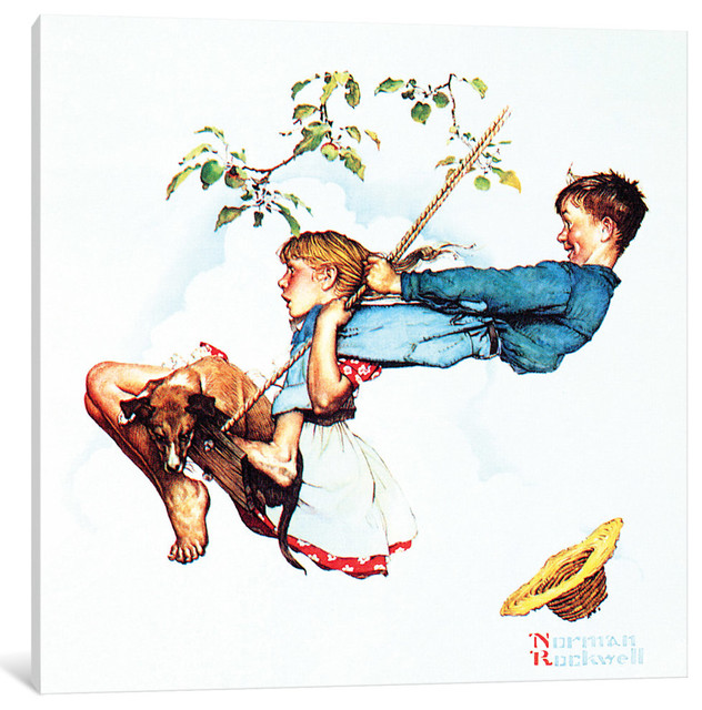 "Young Love: Swinging" by Norman Rockwell, Canvas Print, 12x12"