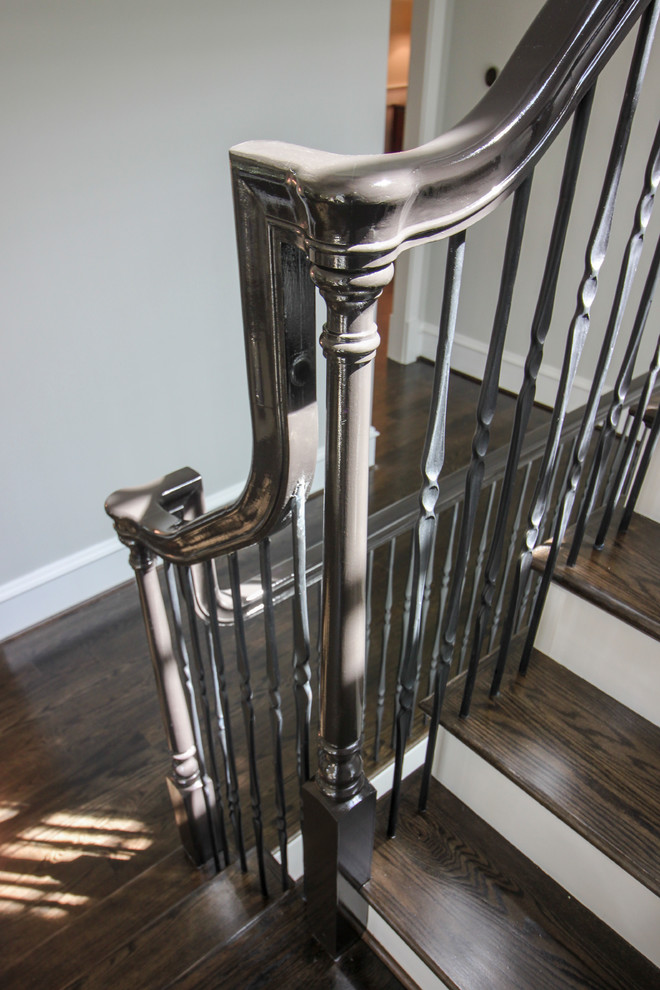 Staircase - large transitional wooden l-shaped mixed material railing staircase idea in DC Metro with painted risers