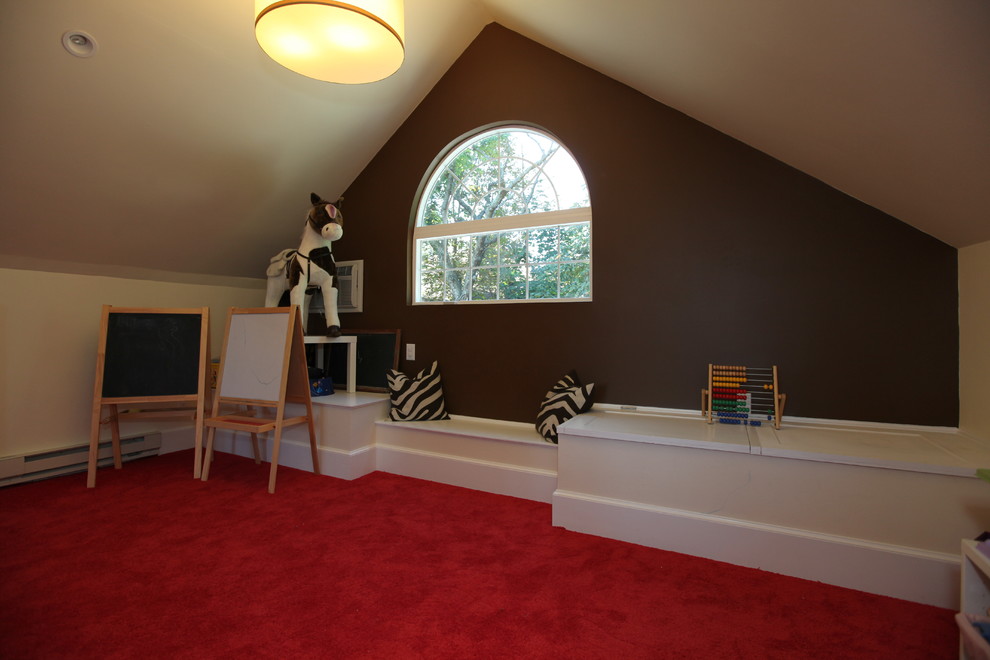 Design ideas for a large contemporary kids' playroom in Newark with brown walls, carpet, red floor and vaulted.