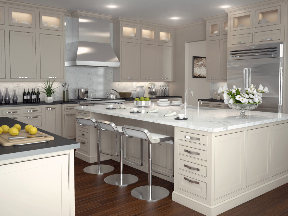 Example of a mid-sized transitional u-shaped dark wood floor enclosed kitchen design in Indianapolis with a farmhouse sink, beaded inset cabinets, beige cabinets, marble countertops, white backsplash, stone slab backsplash, stainless steel appliances and an island