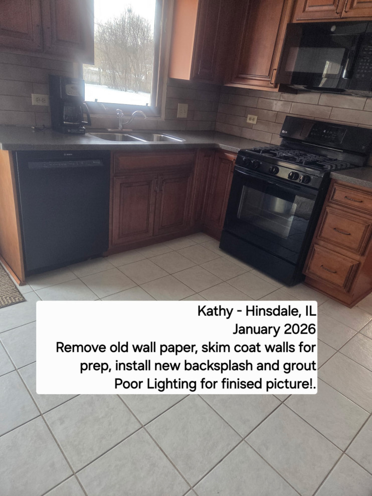 Backsplash Install, Remove wall paper, prep, skim coat  walls, install new tile