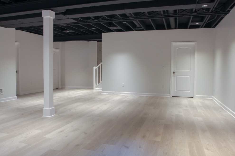 Immagine di una taverna minimalista interrata di medie dimensioni con pareti bianche, pavimento in vinile, pavimento multicolore e travi a vista