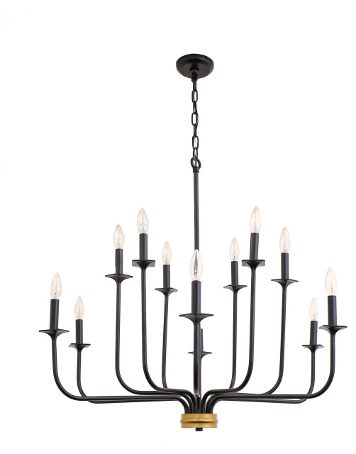 Jules 12 Light Double Tier Black Chandelier, 36" Round Transitional