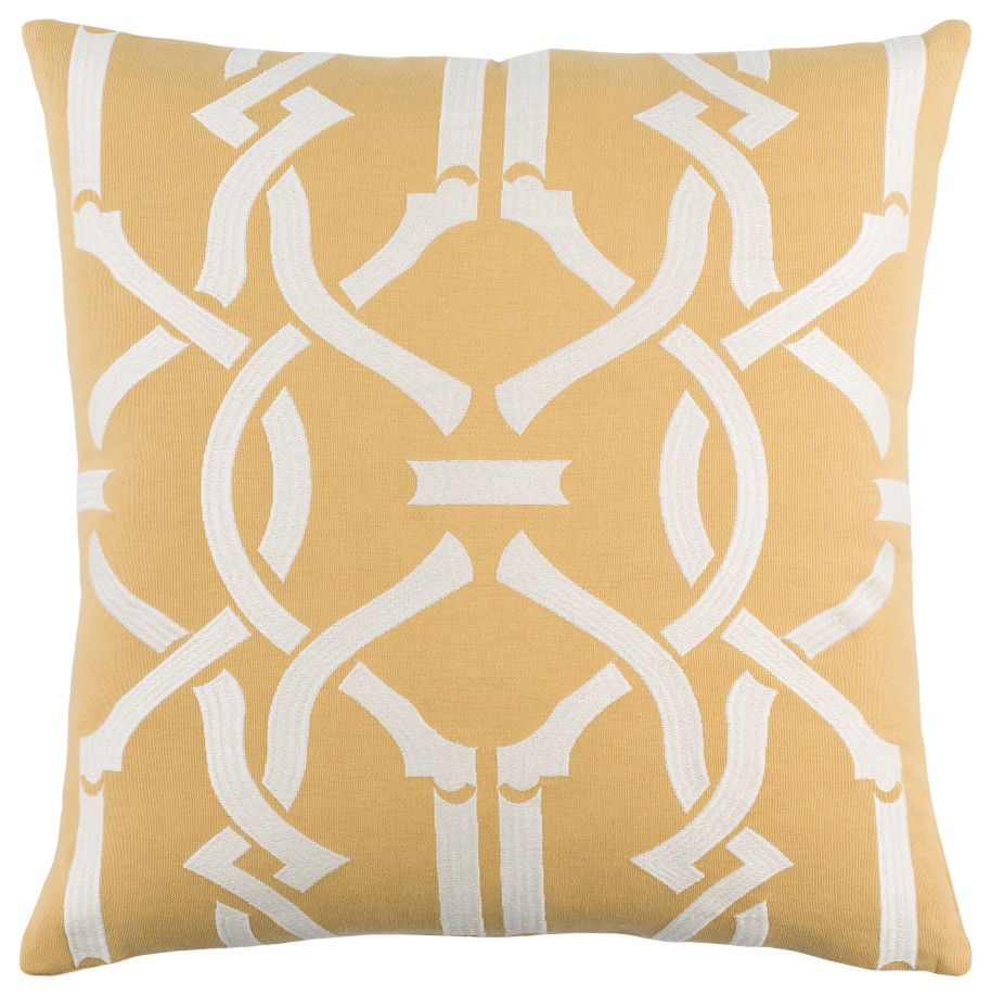 Transitional Cotton Mustard and Ivory Accent Pillow, 18  x18
