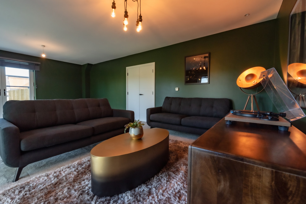 Свежая идея для дизайна: открытая гостиная комната среднего размера в стиле лофт с зелеными стенами, ковровым покрытием и телевизором на стене - отличное фото интерьера