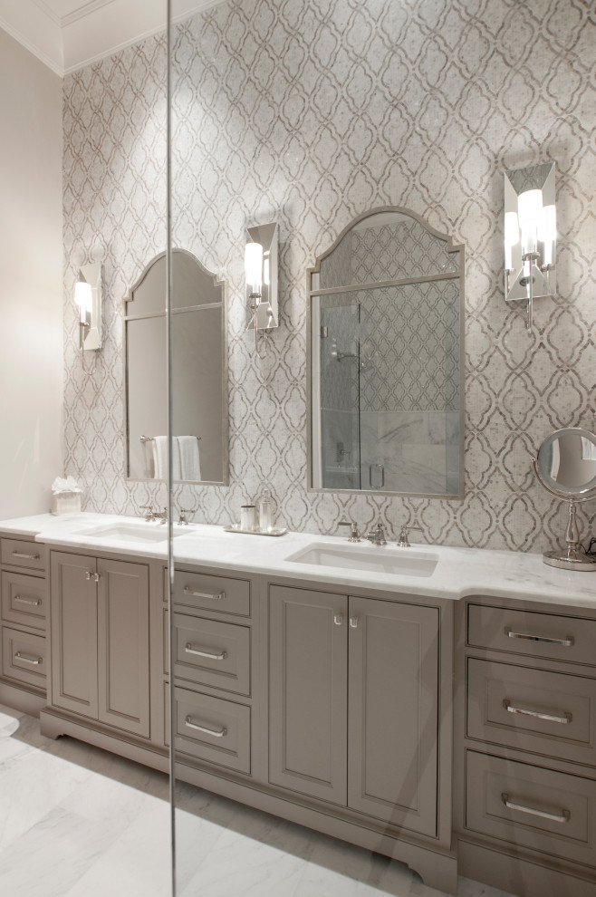 Medium sized traditional shower room bathroom in Nashville with beaded cabinets, beige cabinets, an alcove shower, beige tiles, marble tiles, beige walls, marble flooring, a submerged sink, marble worktops, white floors, a hinged door, white worktops, double sinks and a built in vanity unit.
