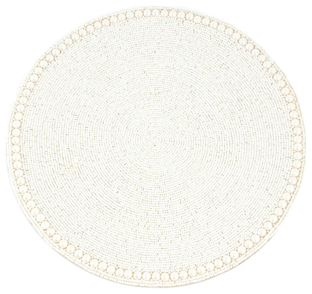 Glass Beaded Placemat, Set of 4, 15"x15", Vanilla, Round, 15" x 15