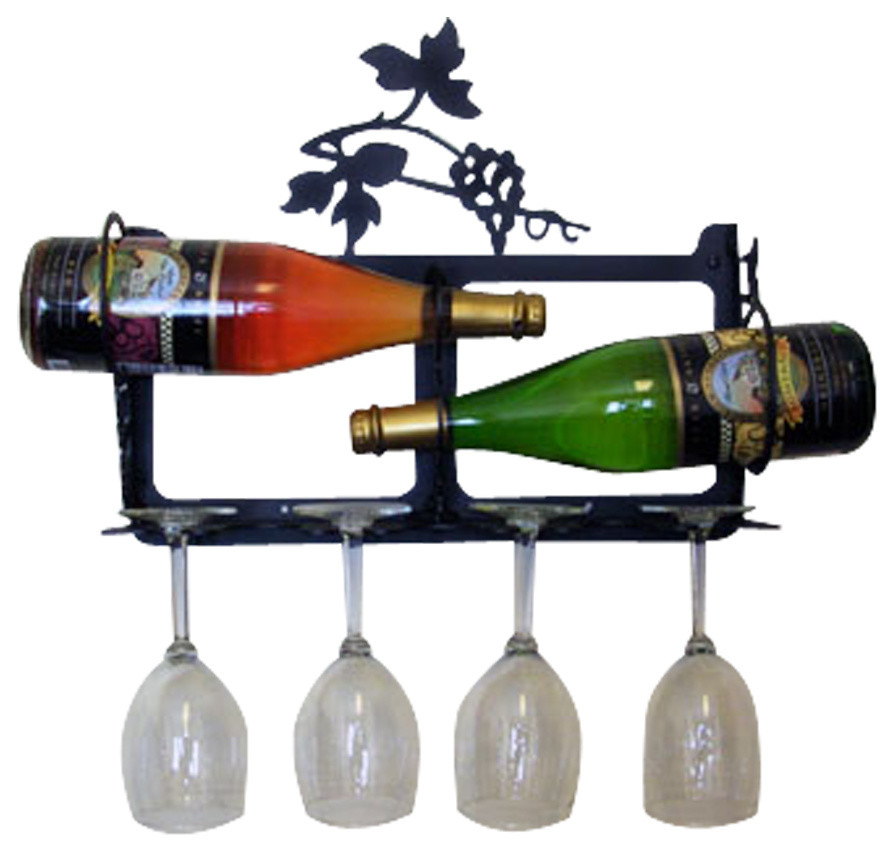 Vintage Grapevine Wine Bottle Holder Storage 4 Bottle Cages & 6 Long Stem Wine Glass for Dining Room Décor-Bottle and Glass Holder for Red Wine Wall Mounted Metal Wine Rack Champagne 