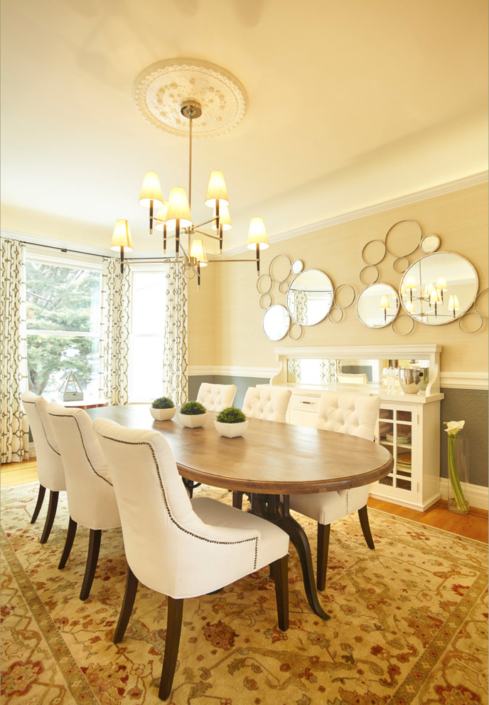 Photo of a transitional dining room in San Francisco with beige walls, medium hardwood floors and no fireplace.