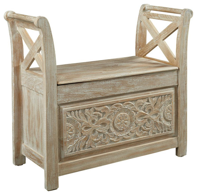 Ashley Fossil Ridge Storage Bench in Whitewash Farmhouse Accent And