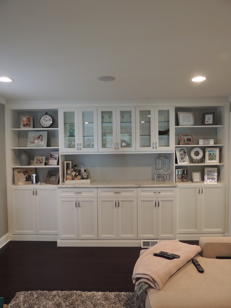 Small transitional single-wall bar cart in Philadelphia with shaker cabinets, white cabinets and marble benchtops.