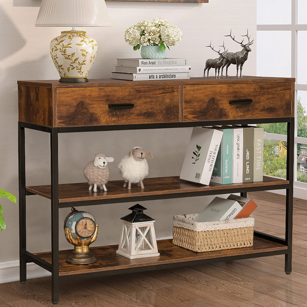 Rustic Brown Console Table with 2 Drawers with Storage Shelves for