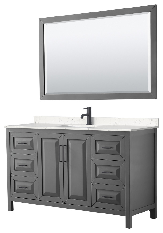 Daria 60 Single Vanity Dark Gray Carrara Marble Top Black Trim 58 Mirror Transitional