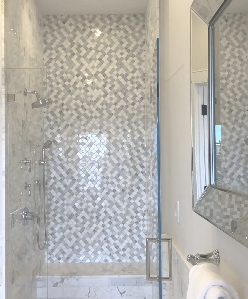 Inspiration for a mid-sized transitional master yellow tile and marble tile marble floor, gray floor and double-sink open shower remodel in Boston with recessed-panel cabinets, white cabinets, a one-piece toilet, white walls, an undermount sink, marble countertops, gray countertops and a built-in vanity