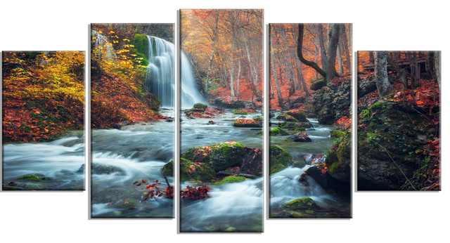 Large Canvas Pictures 30/"x20/" Autumn Waterfall Colourful Forest Landscape