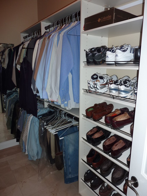 Eclectic Closet Calgary Master Closet with shoe tower and mens' hanging eclectic-closet