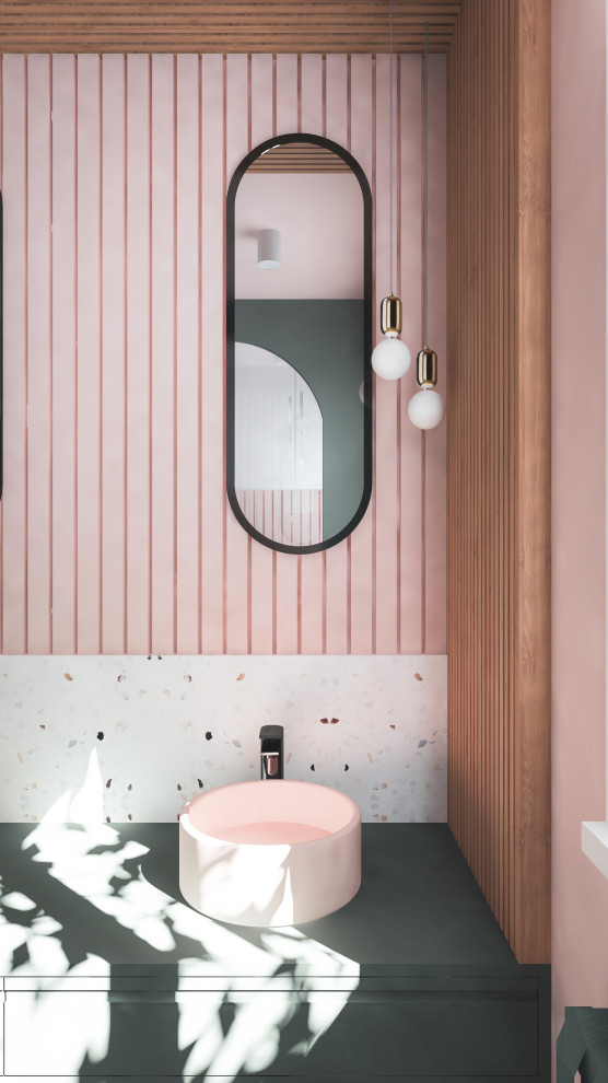 Design ideas for a small eclectic 3/4 bathroom in Lyon with white cabinets, an alcove shower, white tile, marble, pink walls, terrazzo floors, a drop-in sink, white floor, a hinged shower door, a double vanity and coffered.