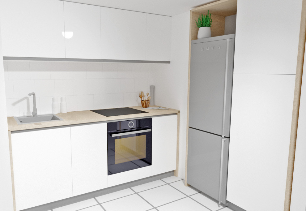 This is an example of a small contemporary l-shaped separate kitchen in Barcelona with a single-bowl sink, flat-panel cabinets, white cabinets, wood benchtops, white splashback, porcelain splashback, stainless steel appliances, ceramic floors, no island, white floor, brown benchtop and wood.