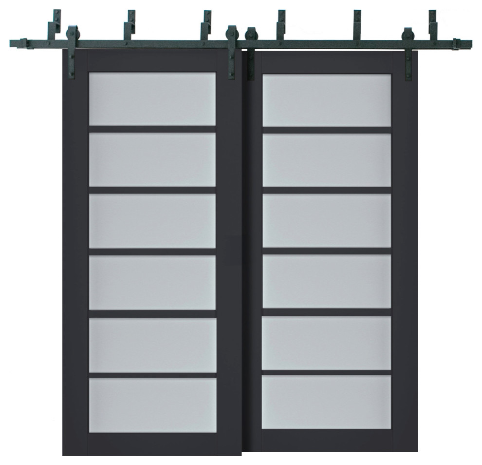 Barn Bypass Doors, Veregio 7602 Antracite & Frosted Glass, 6.6' Rail