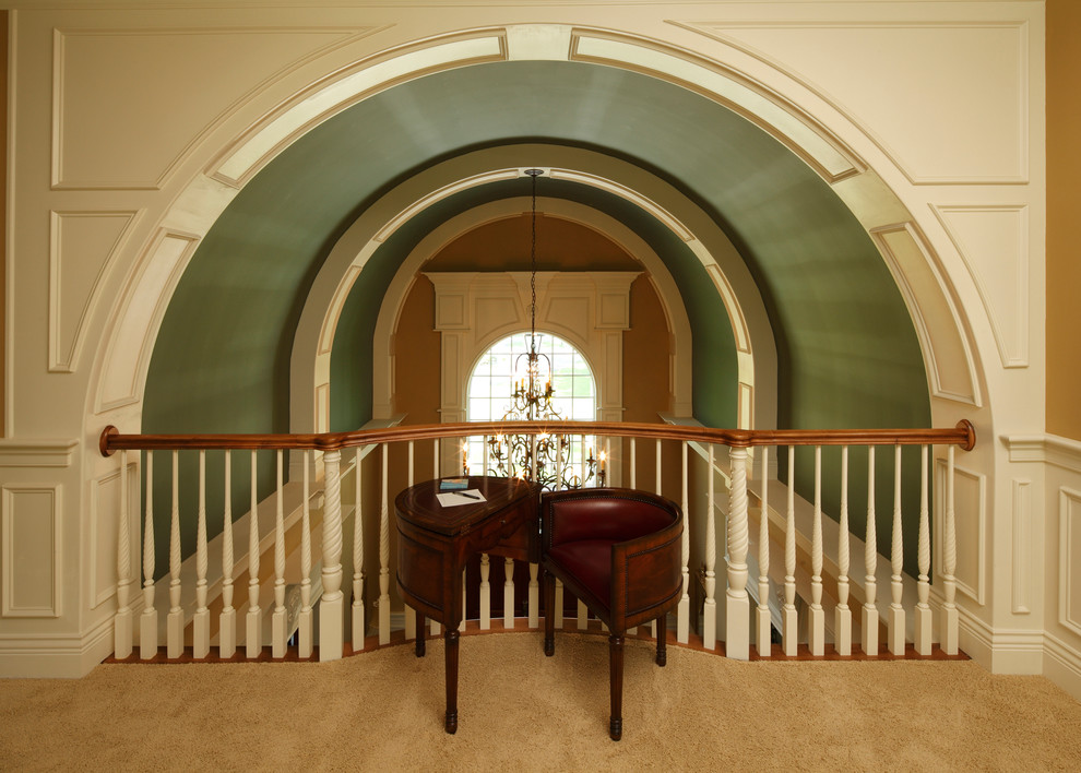 This is an example of a traditional hallway in New York with white walls and carpet.
