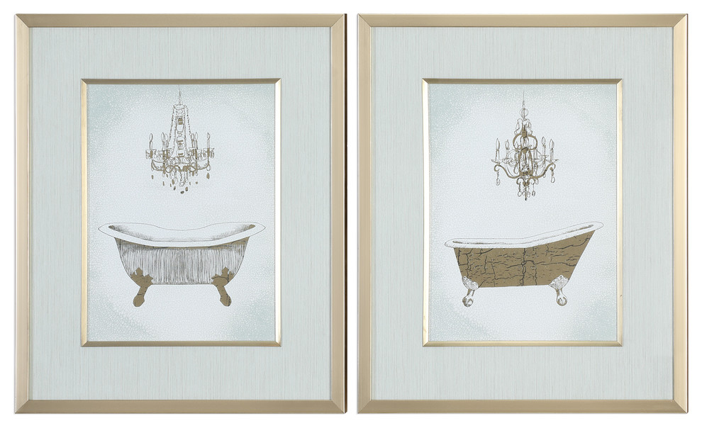 2Piece Ornate Gold Bath Tub Room Wall Art Print, Chandelier Vintage Style Elega Contemporary